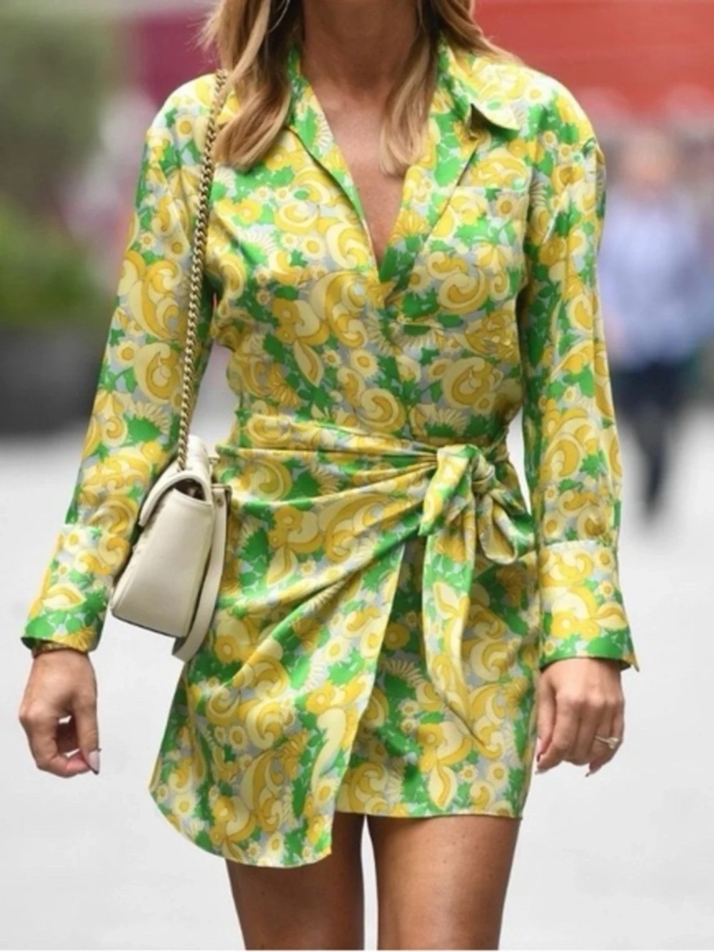ZARA Yellow Green Floral Wrap Mini Dress Tie Waist